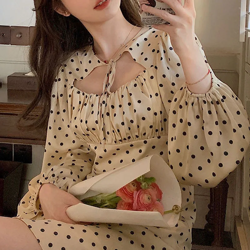 

2021 Summer Dress Female Vintage Elegant High Waist Dot Puff Sleeve Dress Evening Party Casual Chic Kawaii Women Korea Style