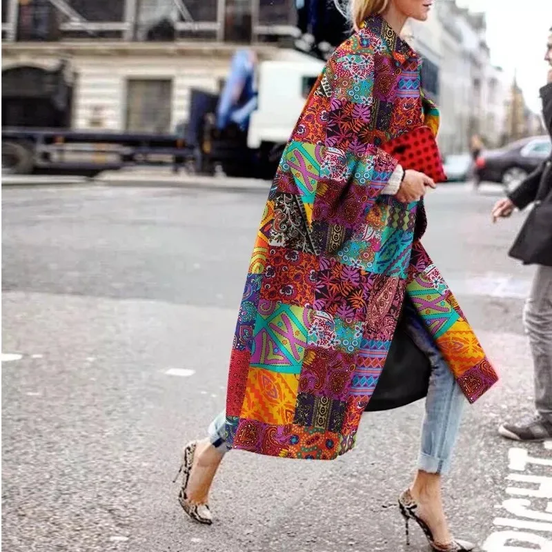 

WEPBEL Women's Fashion Geometry Pattern Printed Color Loose Long Open Cardigan Coat Print Clothing Long Coat Trench for Women