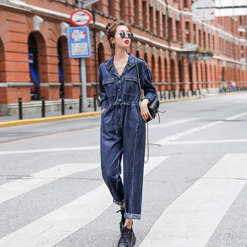 Jumpsuits Denim Womens Trousers 2022 Spring Autumn New Fashion Elegant Turn-Down Collar Overalls Casual Solid Female Playsuit