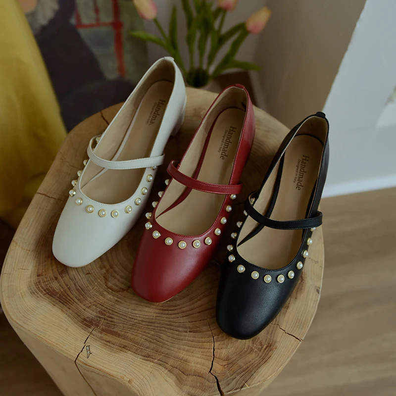

2021 Newest Genuine Leather med Heels Pumps Mary Janes Shoes For Women rivets Decoration Wedding Party Shoes Woman Heels
