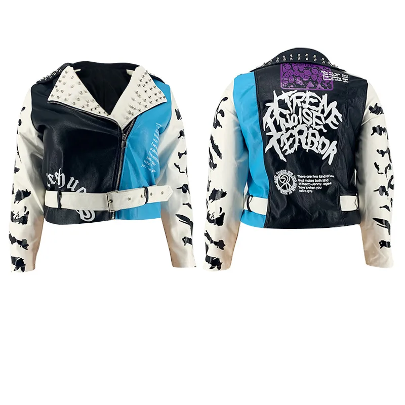 Autumn 2021 new pattern skull head female print rivet street trend plus size women's leather jacket