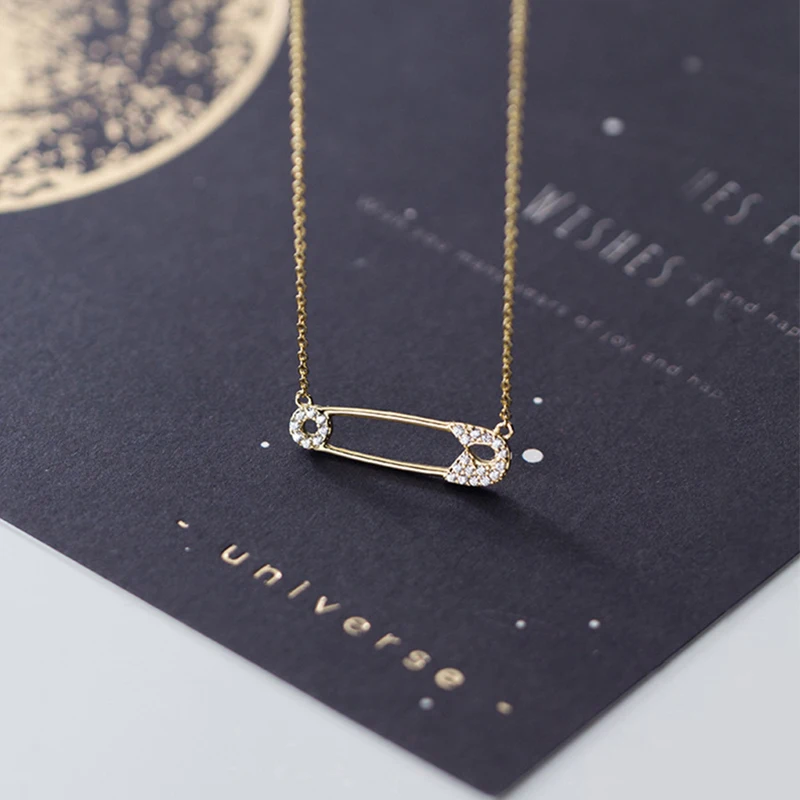 

Real 925 Sterling Silver Safety Pin Necklace for Women Cubic Zirconia Pin Shape Necklaces Charms Jewelry