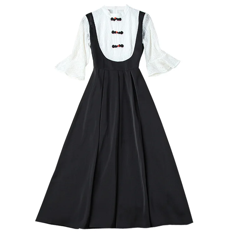 

Seifrman Summer Women Fashion DesignerParty A-Line Dress Lace Button Flare Sleeve High Waist Black Printed Ladies Midi Dresses