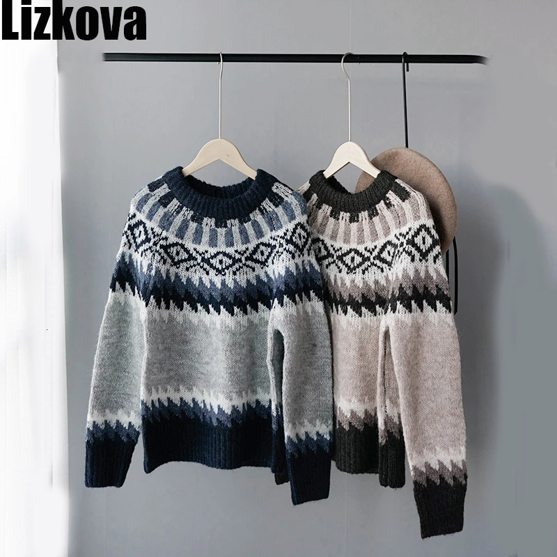 Женские зимние Джемперы винтажный свитер с геометрическим узором стиль бохо
