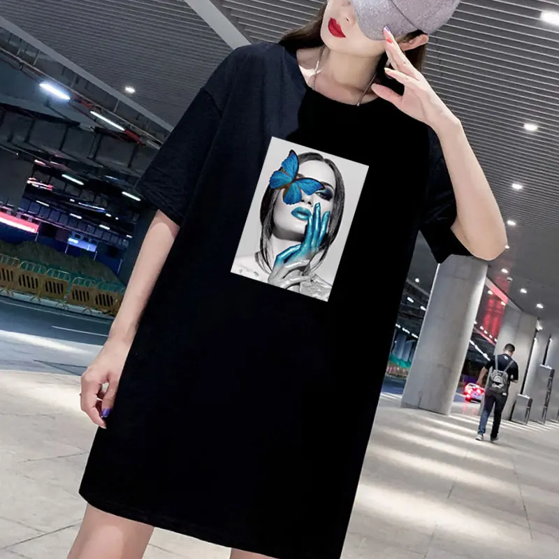 

Woman Tshirt Dress Butterfly Print Short Sleeve O Neck Casual Loose Summer Vintage Plus Size Dresses Streetwear Vestido Robes