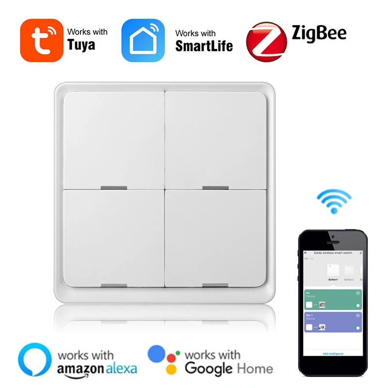 

Новый умный беспроводной переключатель Tuya ZigBee, наклейка с 4-сторонней панелью, контроллер для сцены, настенный высветильник ель света, работ...