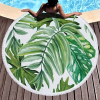 summer round beach towel green leaves microfiber with drawstring backpack bag bath towels mat bikini cover up with tassels soft