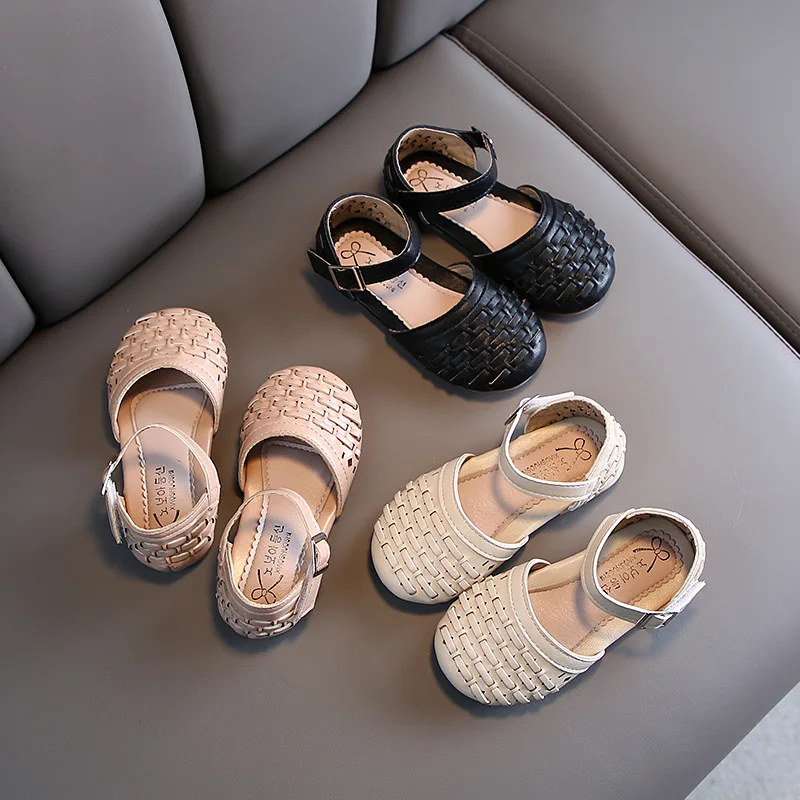 

2021 Spring Summer Kids Shoes Girls Sandals Beach Fashion Weave Children Flat Sandals Baby Princess Shoes SHS086