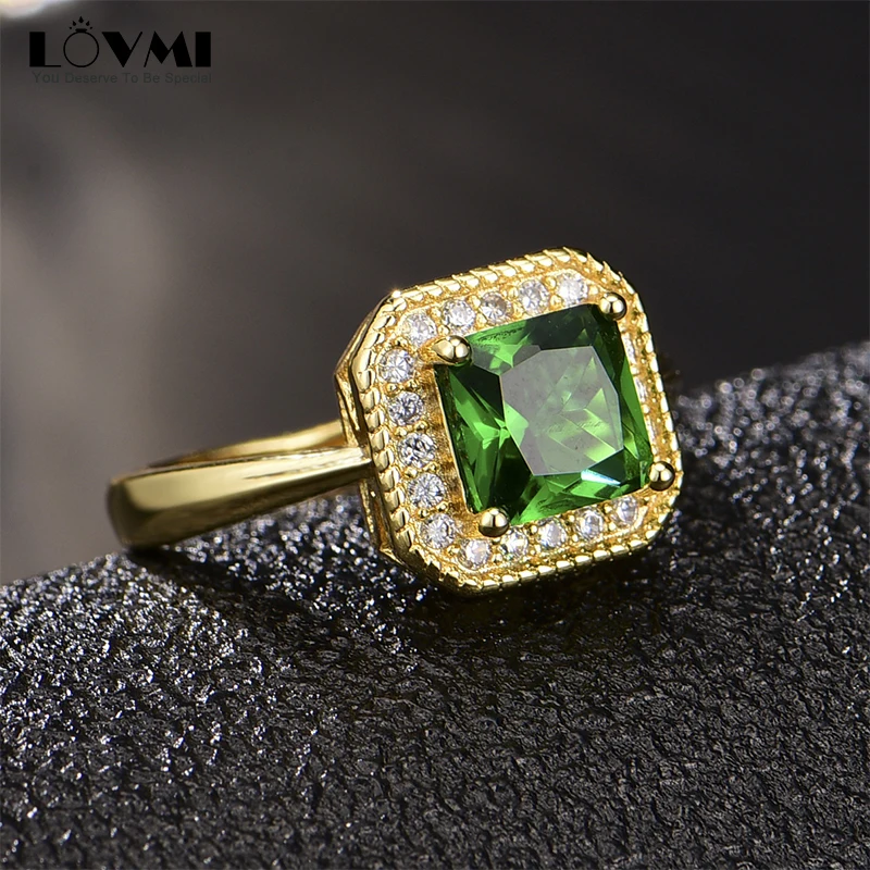 

Trendy 925 Sliver Women's Ring Green Emerald Gemstone Zircon Square Shape Crystal Rings Wedding Party Gift Gold Fine Jewelry