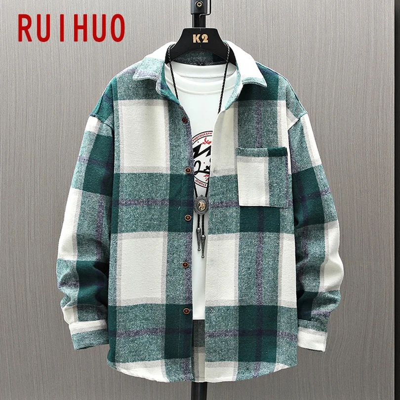 

RUIHUO Harajuku Plaid Shirts For Men Clothing 2021 Fashion Summer Long Sleeve Plaid Shirt Men 3XL New Arrivals