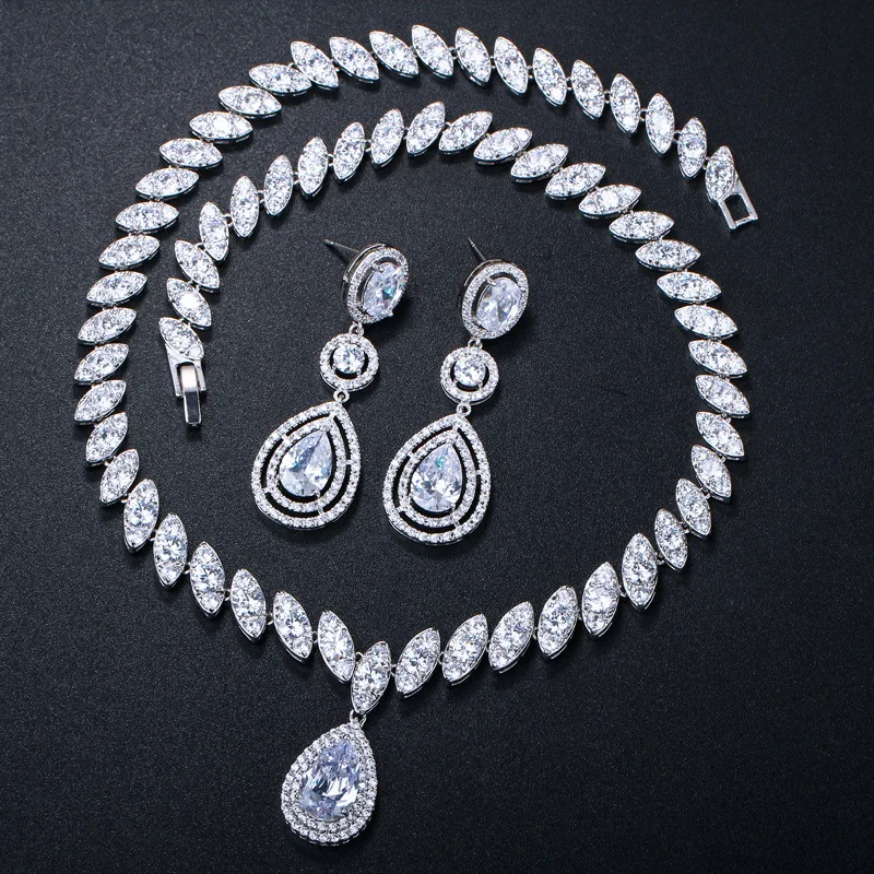 

High Quality Cubic Zirconia Wedding Necklace and Earrings Luxury Crystal Bridal Jewelry Sets for Bridesmaids