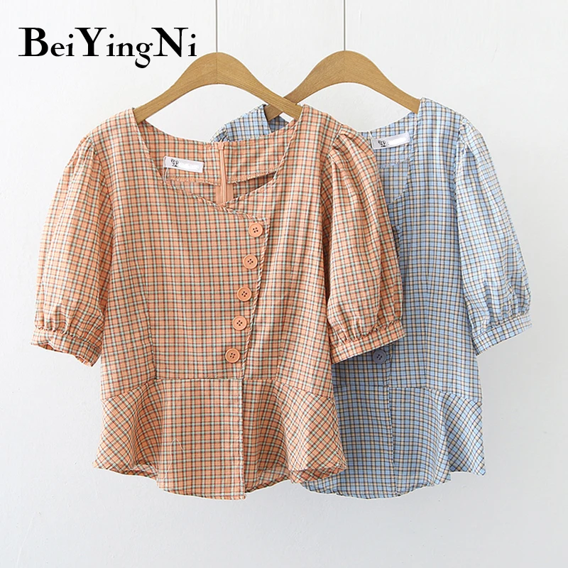 

Клетчатая рубашка Beiyingni с квадратным воротником, женские нестандартные короткие блузки на пуговицах с пышными рукавами, женская тонкая Кор...