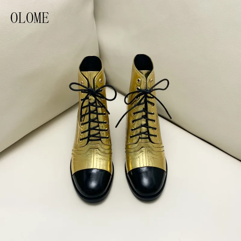 OLOME; Новинка; Модные женские ботильоны; Цвет черный, золотой; женские ботинки с круглым носком, на шнуровке, на среднем массивном каблуке; сезон осень-зима; женская обувь