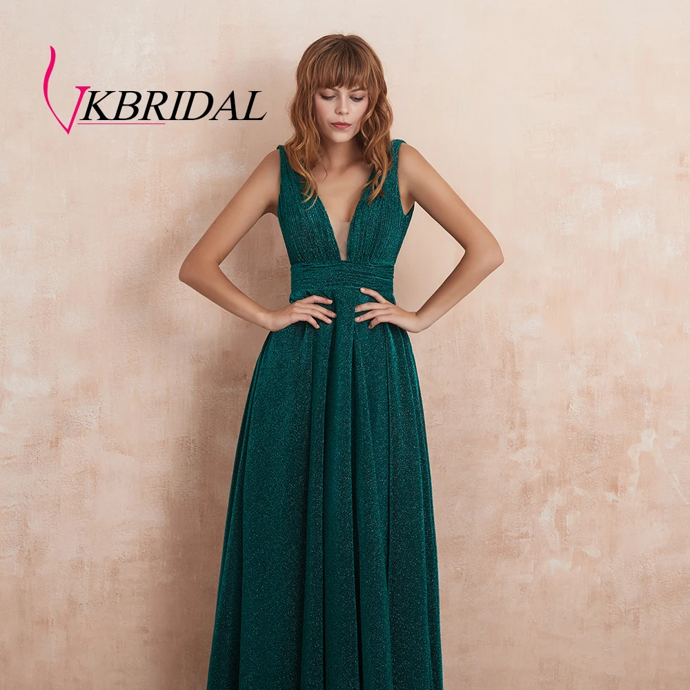Женское вечернее платье до пола VKBRIDAL зеленое блестящее длинное с глубоким V