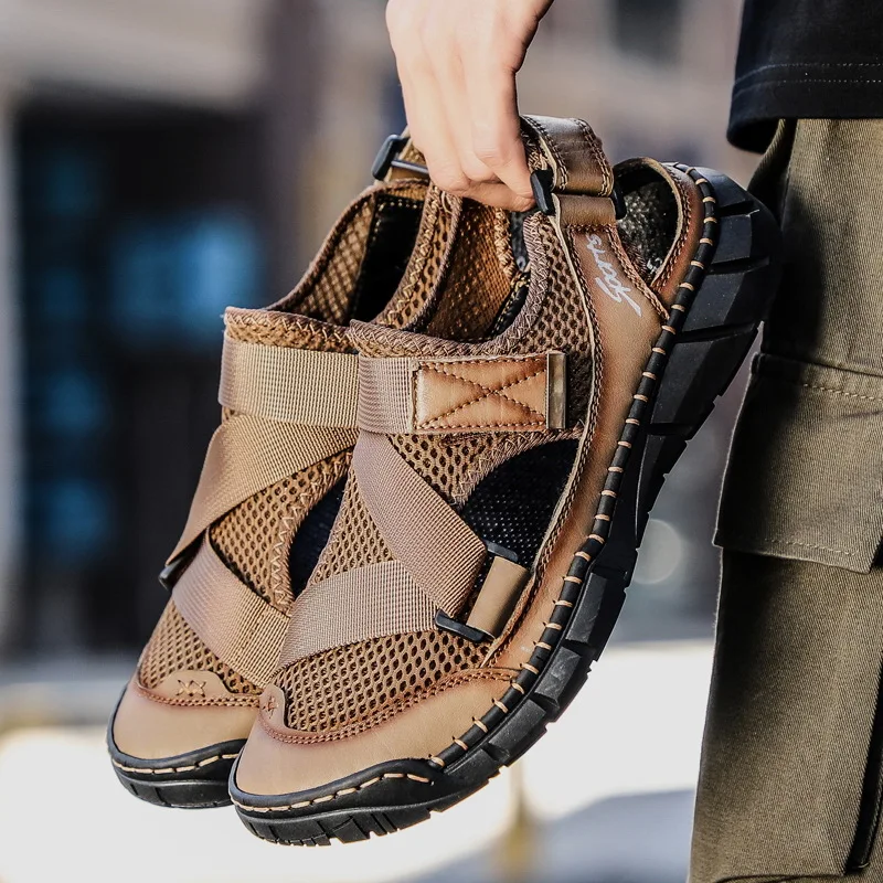 

2021 Men Casual Leather Sandals Fashion Slip On Solid Color Leisure Mesh Sneakers Breathable Comfort Flat Men's Sport Footwear