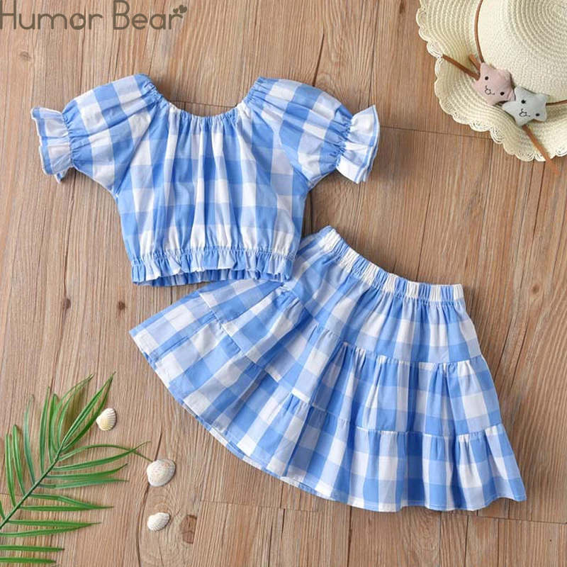 

Женский летний костюм Humor Bear, комплект одежды из двух предметов: клетчатый топ с коротким рукавом с буффами и юбка, 2022