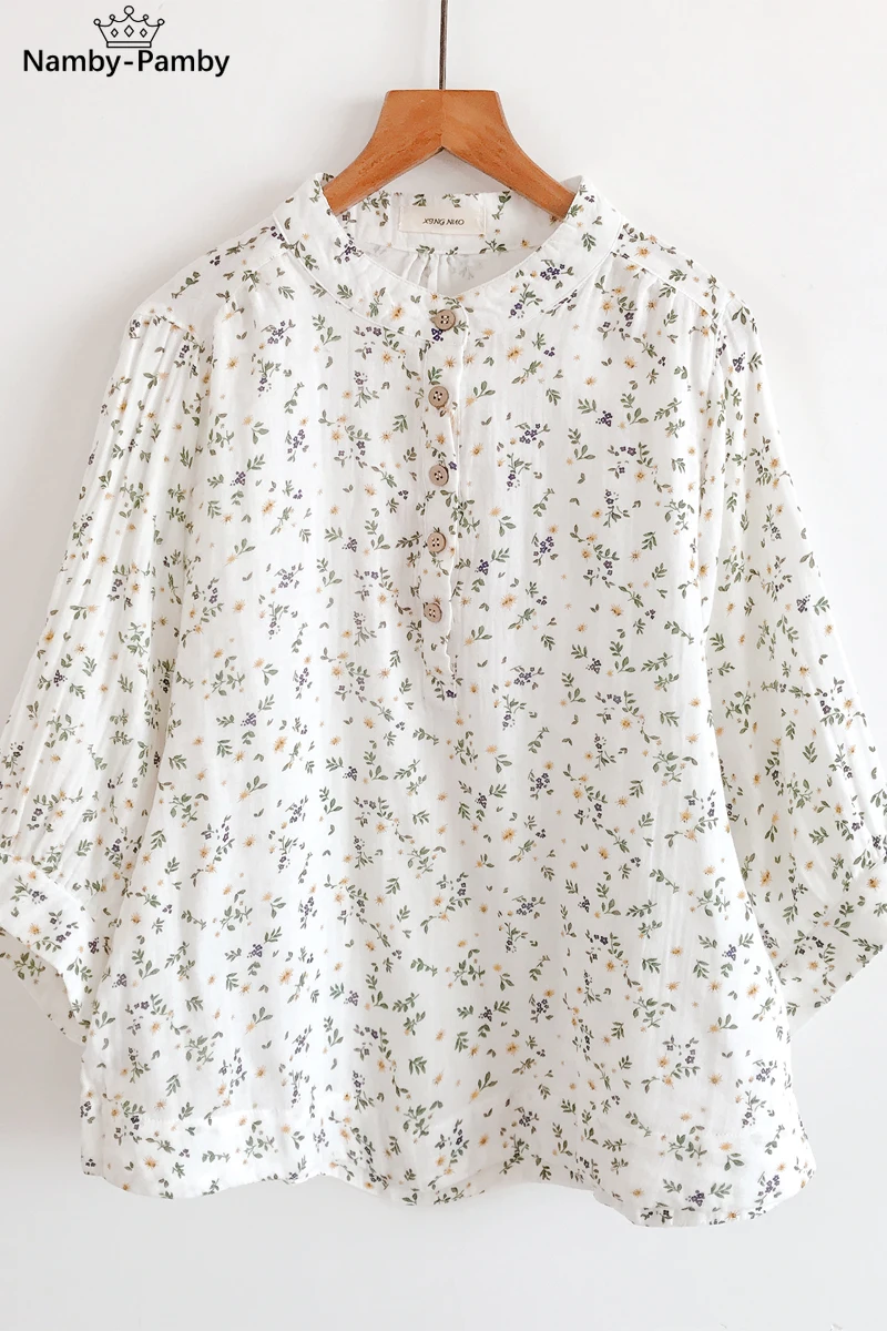 

Summer Small Unlined Upper Garment Cotton Pure Fresh Beautiful Floral Print Double Female 7 Minutes Of Sleeve Cotton Shirt Women