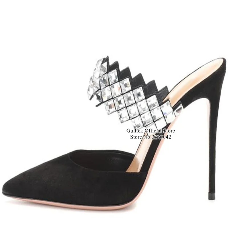 

Sexy Black Suede Rhinestone Stiletto Heel Mule Pointed Toe Bling Bling Crystal Embellished High Heel Mules Cut-out Dress Shoes