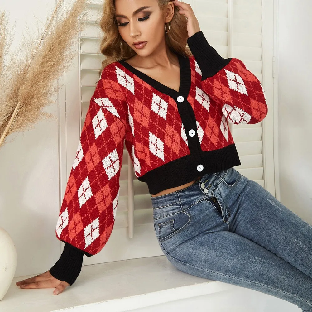 

Kate Kasin Women Diamond Pattern Cardigans Sweater Ribbed Long Sleeve V-Neck Cropped Ribbed Hem Knitwear