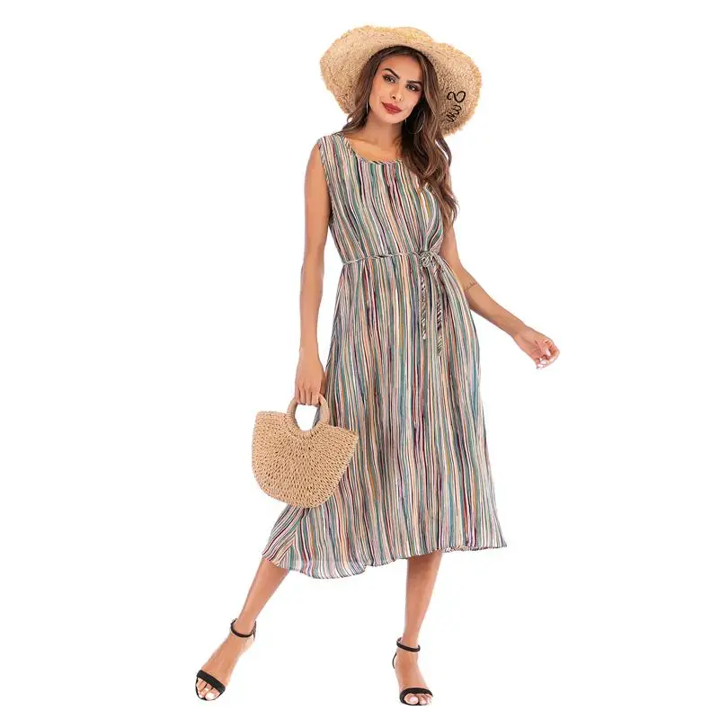 

2020 jurk Fashion Women Striped Print Summer Dress Elegant O-Neck Backless Strap Beach Dress Female Midi Dress Vestido Verano