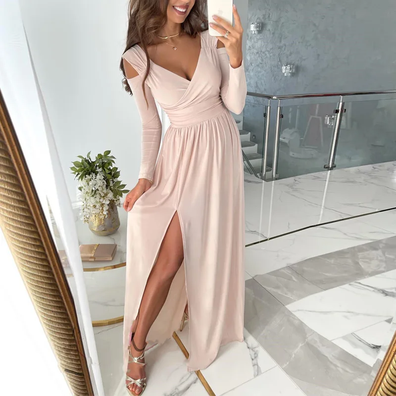 

Elegant Hollow Long Sleeve Office Women'S Dress Autumn Fashion Solid Long Dress Sexy Deep V Neck Slim Slit Party Dress Vestidos