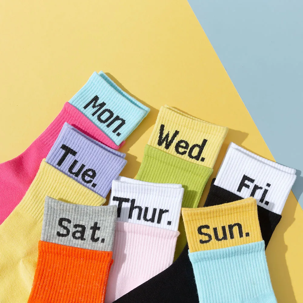 New women's color matching letters pure cotton fashion solid casual week socks 7 Pair