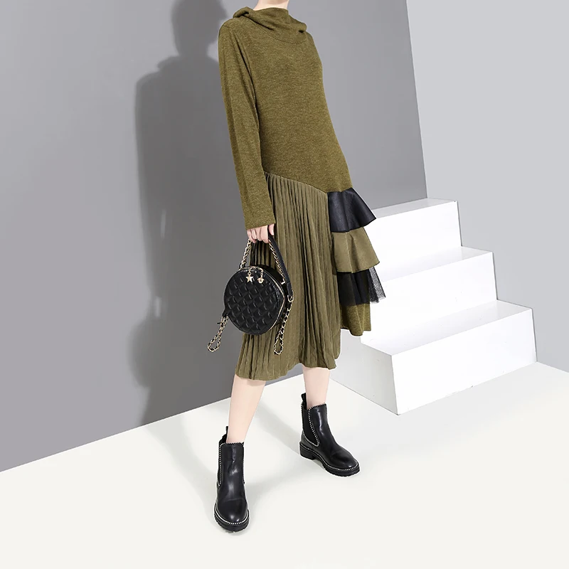 Новинка 2019 Женское зимнее Длинное Зеленое плиссированное платье с длинным