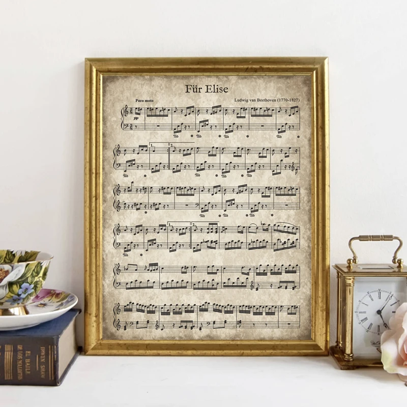 

Fur Elise Vintage Sheet Music Poster Beethoven Classical Piano Music Print Christmas Painting Picture Song Decoration Canvas
