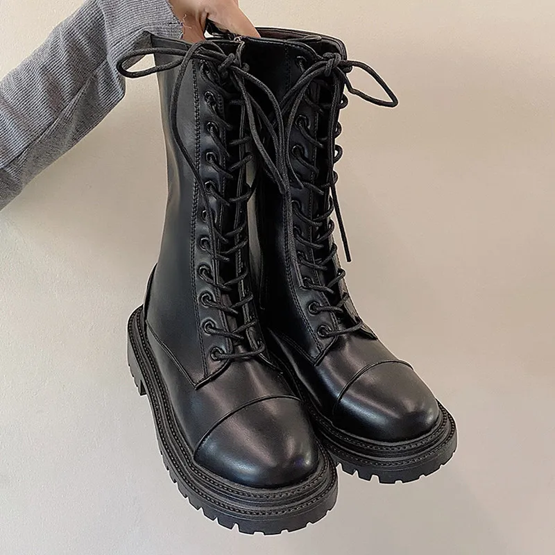 

Black Leather Women Ankle Boots 2021 Autumn Winter Warm Shoes Round Toe Lace Up Shoes Woman Fashion Motorcycle Platform Botas
