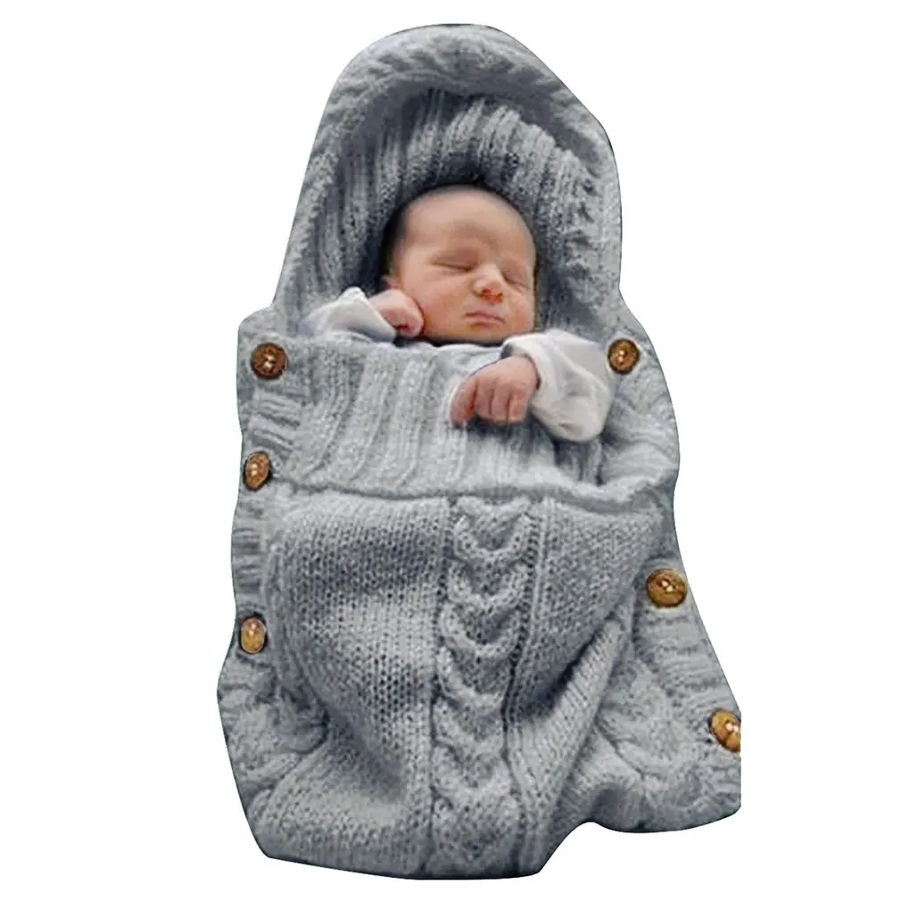 

Baby's Hooded Cart Sleeping Bag Wrapped Knitted Sleeping Bag Wooden Buttons Keep Warm Newborn Baby Blanket