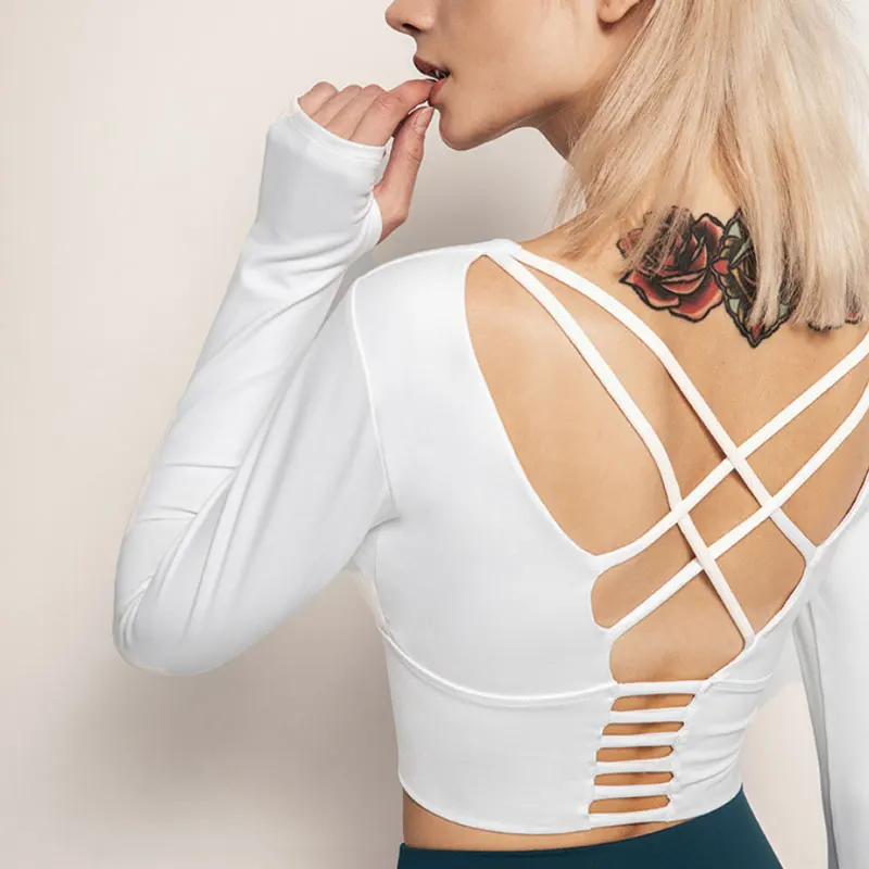 

Yoga Shirts Workout Open Back Top Long Sleeve Crop Top Women Spring Autumn Gym Cross Back Sports Shirt Short Sleeve Summer