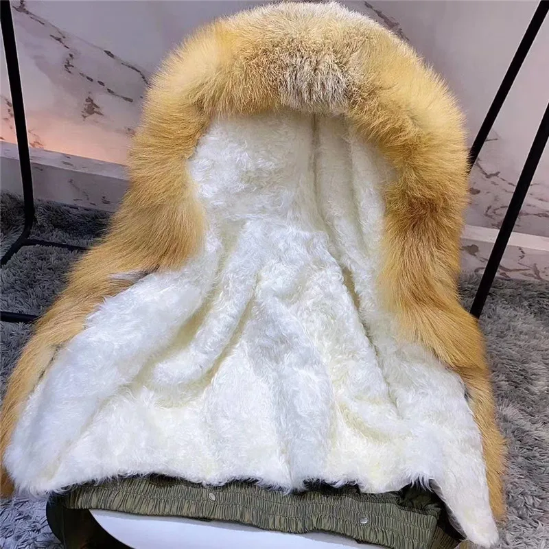 waterproof bomber jacket big red fox fur hood winter jacket women parka thick warm natural real wool fur lining coat army green
