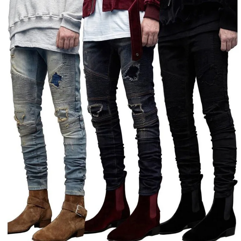 Men's Ripped Jeans Slim Fit Small Feet Jeans Men Pleated Oversize  Pants Men Hip Hop Jeans Size 28-38