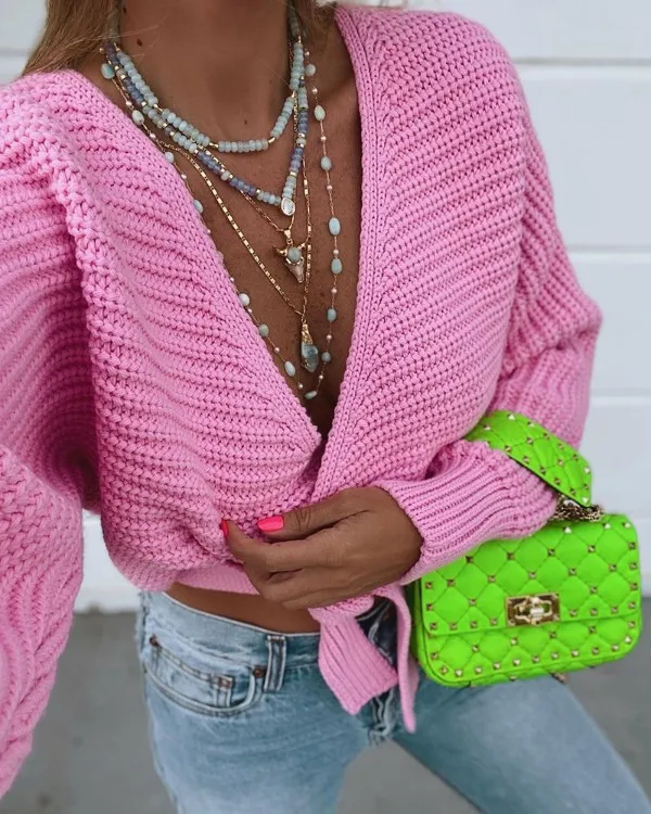 

Женский новый свитер весна-осень 2021, модный сексуальный свитер на шнуровке с глубоким V-образным вырезом и длинными рукавами, Женский Повсед...