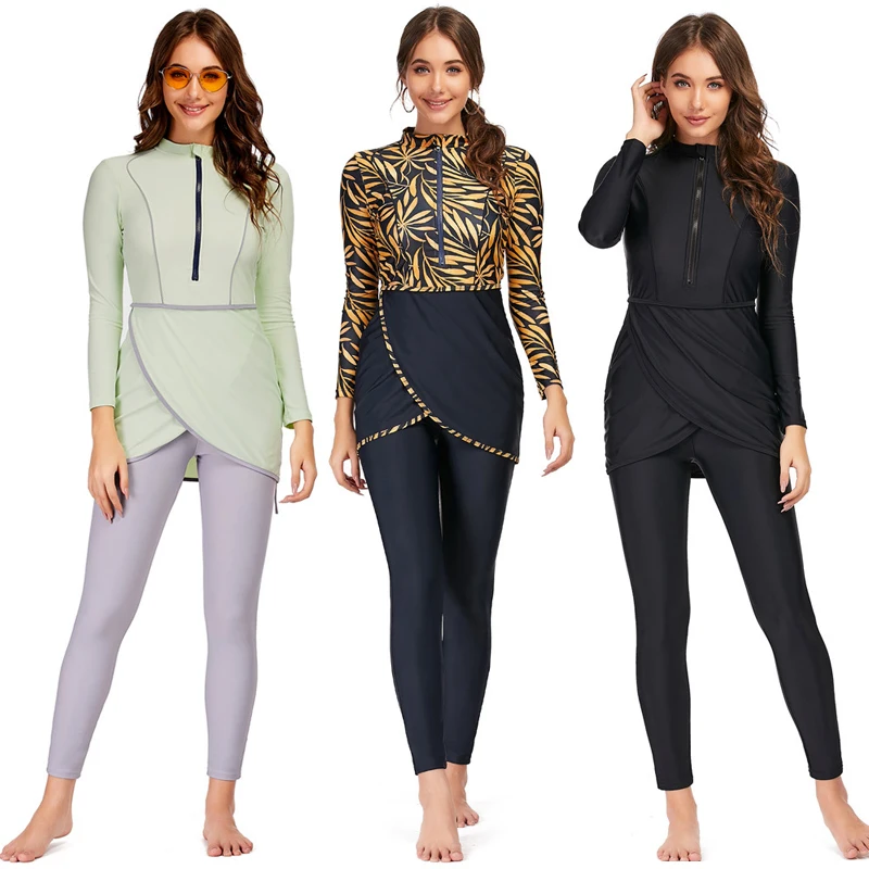 

Women Muslim Sofia Swimwear 2021 Hijab Long Sleeves Modest Patchwork Swimsuit 3pcs Islamic Burkinis Wear Swim Bathing Suit 4XL
