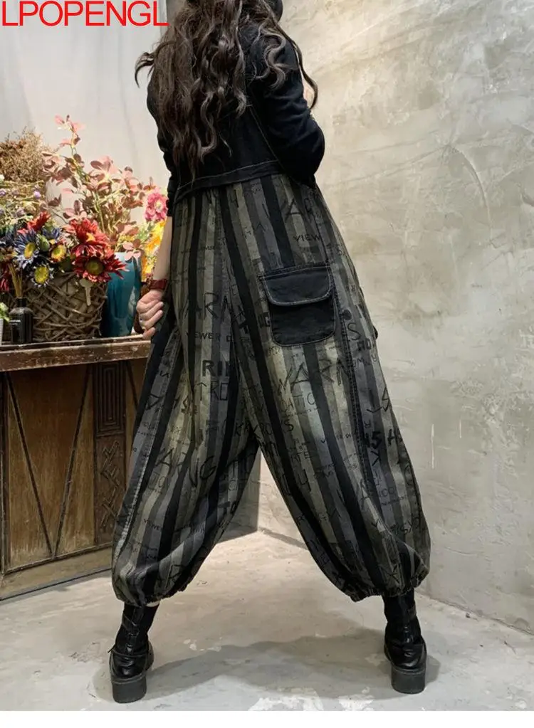 Fanshion Womens Loose Printing Ankle-length Pants Overalls Korean Stripe Ladies Casual Harajuku Denim Pants Female Vintage Jeans images - 6
