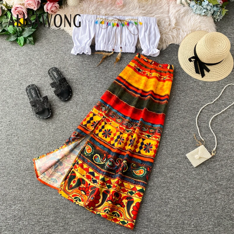 Женский пикантный укороченный топ с открытыми плечами и длинная юбка винтажным