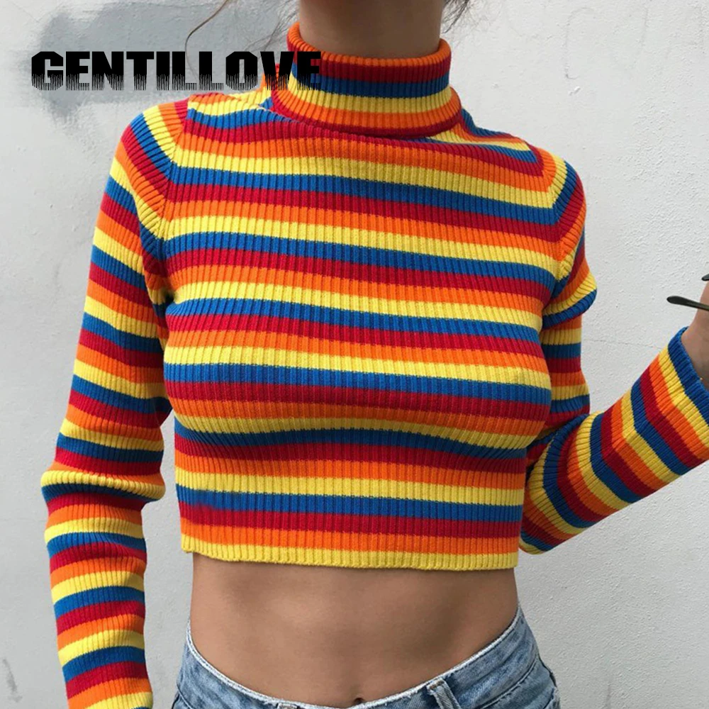 Женский джемпер в радужную полоску облегающие вязаные свитера с высоким