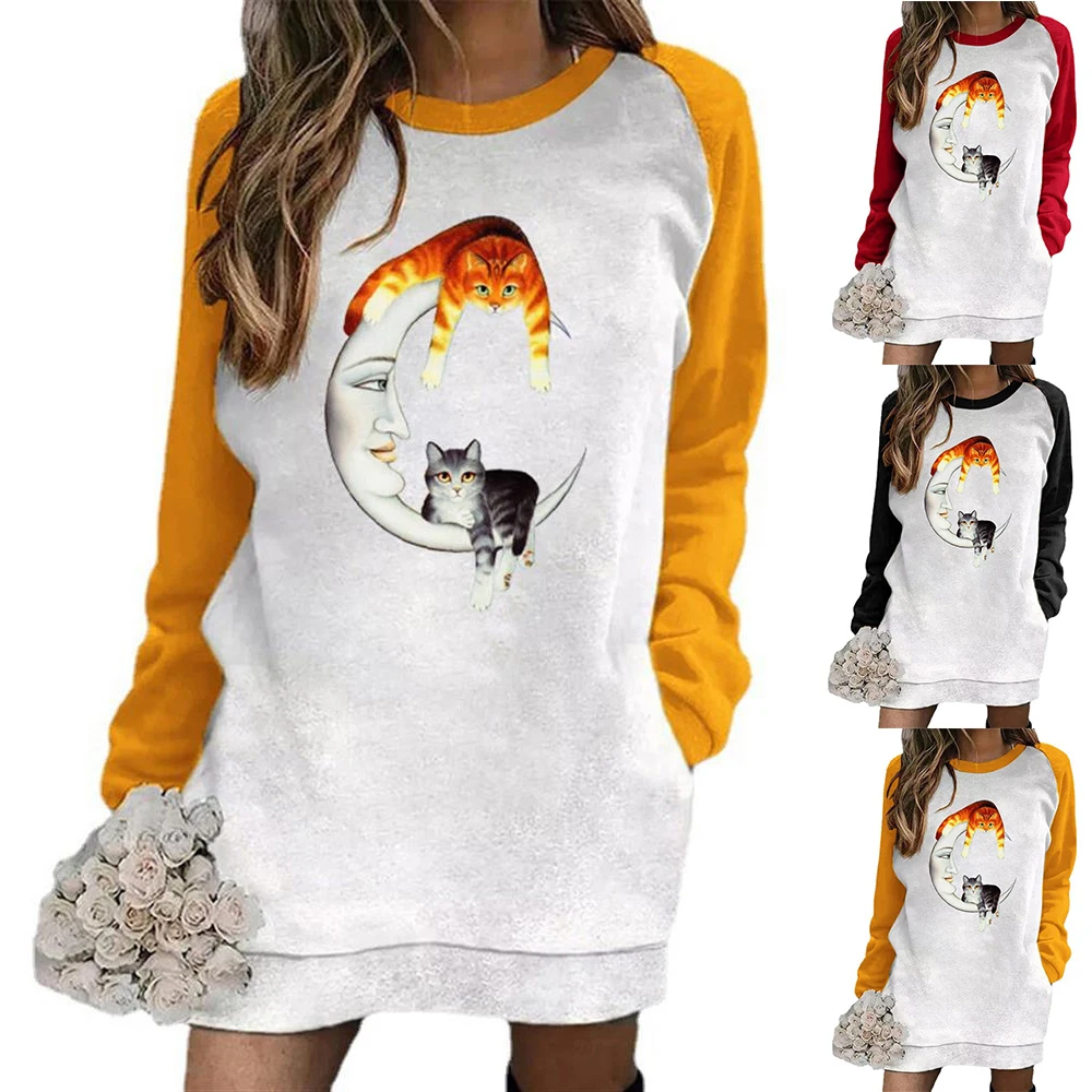 

Женская Длинная свободная одежда с принтом в виде котенка и Луны, женское мини-платье, повседневные топы, женская повседневная одежда с прин...