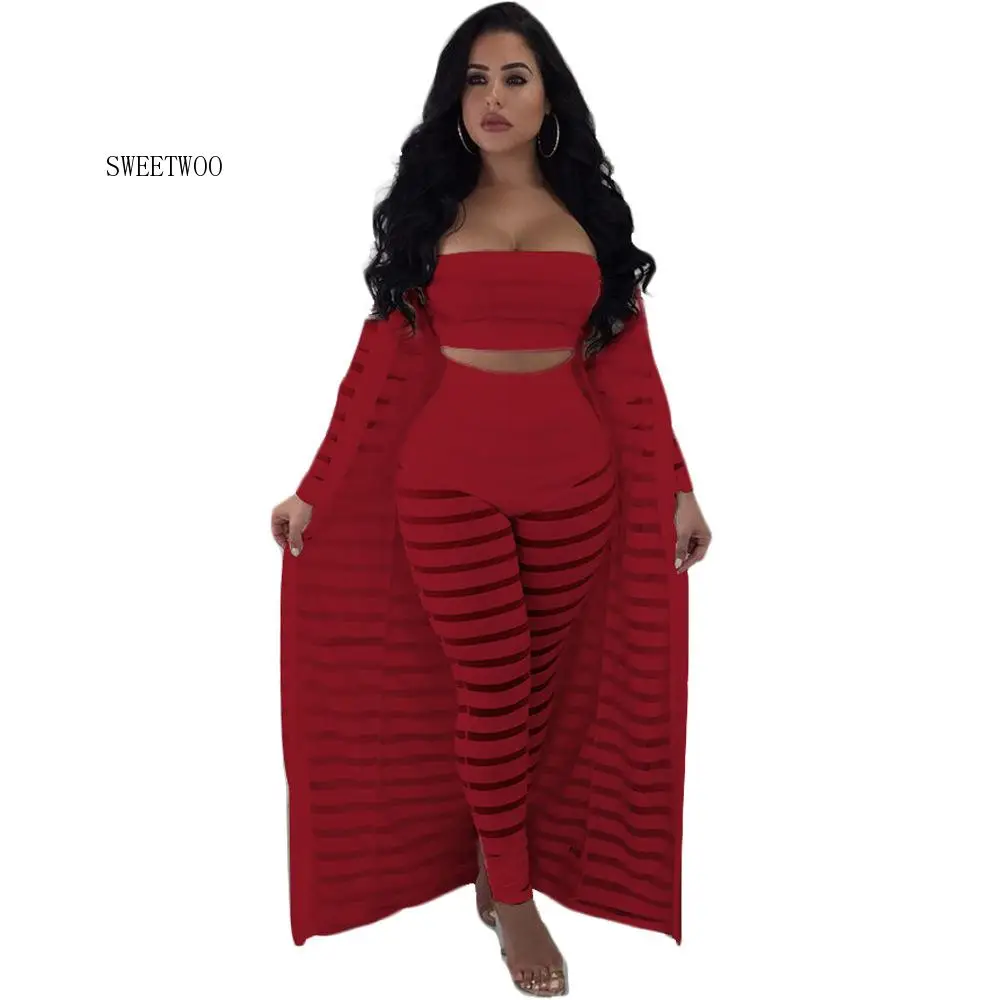 Женский сетчатый костюм тройка в полоску привлекательный облегающий без