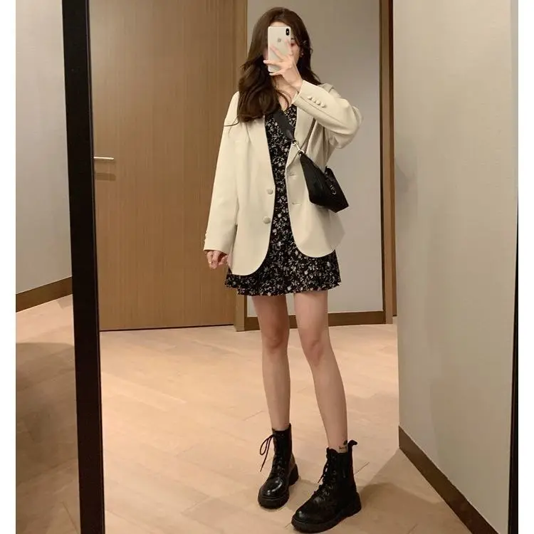 

Fried Street Suit, Female Autumn and Winter Korean Loose Suit Jacket Short-Height Floral Dress [Delivery Within women suits