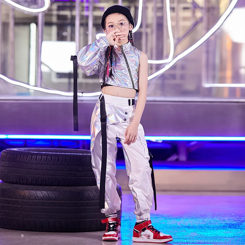 2021 бальные туфли в стиле хип-хоп Одежда для танцев детей Цвет Серебристый топ с