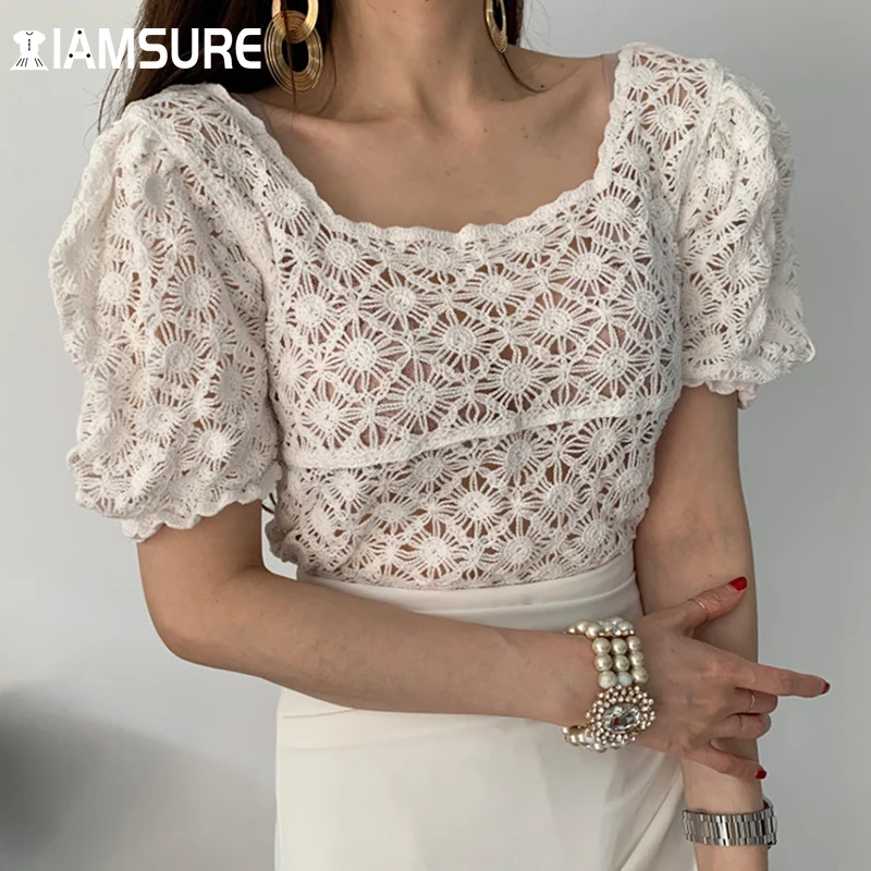 

IAMSURE Vintage Hollow Out Knited Mesh Top Square Collar Puff Sleeve Tops Women 2021 Summer Fashion Streetwear Korean Elegant