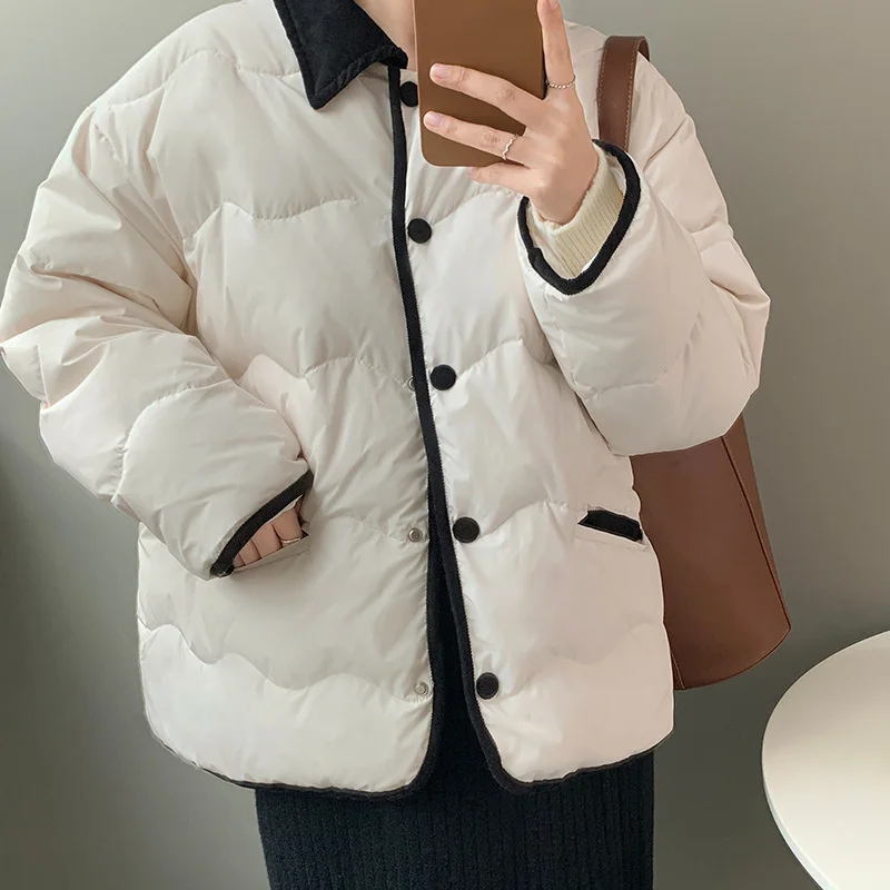 

Corduroy Lapel Button Up Front Quilted Down Jacket Khaki / White
