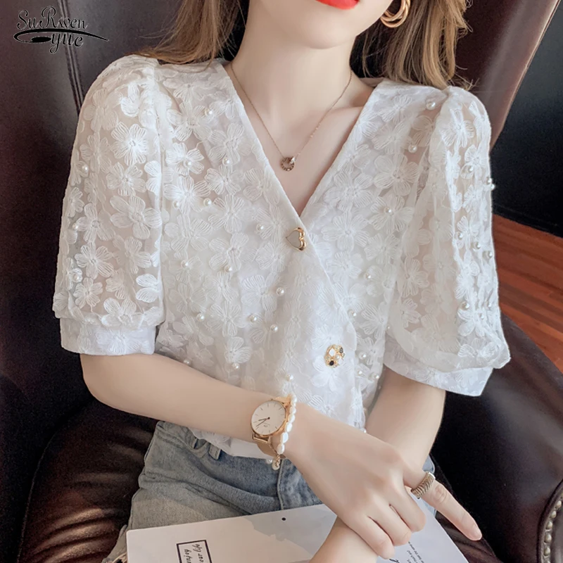 

Summer 2021 New Puff Sleeve Beading V-neck Fashion Lace Shirt Women Blouses Short Sleeve Hook Flower Hollow Tops Blusas 15134