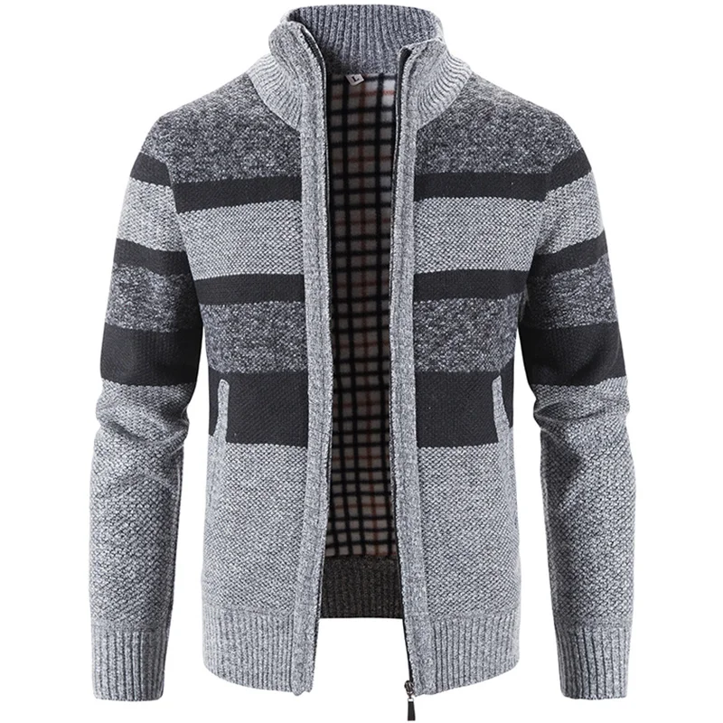 Mens Sweater Winter Cardigan 2023 Striped Zipper Up Clothing Knit Trend Patchwork Fleece Thick Warm Jacket Casual Y2K Clothing