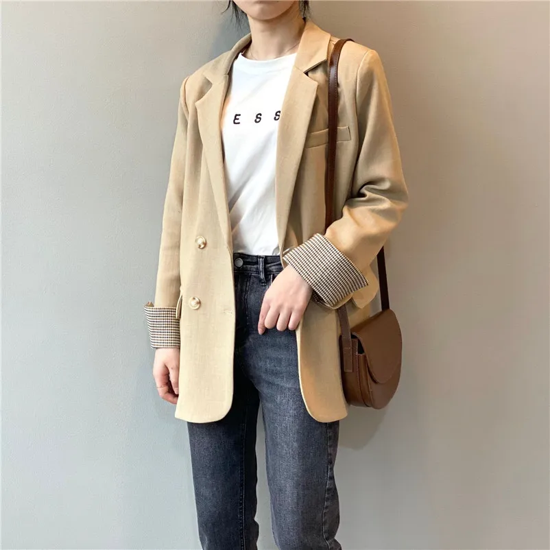 

Осеннее Женское пальто с отложным воротником, блейзер Y0715, женское двубортное винтажное пальто в клетку, женские топы