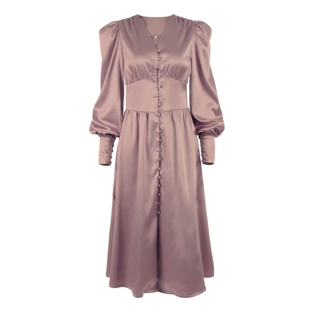 

2021 Spring Summer New Satin Mid-Length Dress Female Long Sleeve Solid Slim Waist Dresses Elegant V-Neck Party Dress Women