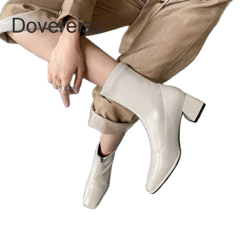 

Winter For Woman New Fashion Sexy Shoes Square toe Boots Zipper Beige Block Heels Ankle Boots 32-43