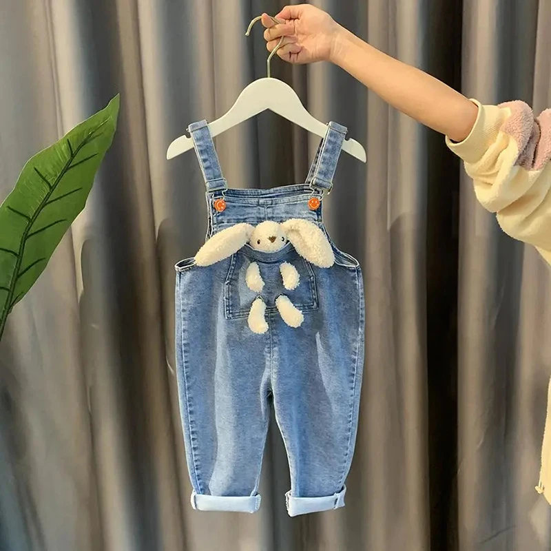 

2021 New Fashion Spring and Autumn Pants Girls' Overalls Children's Bunny Doll Jeans Baby Kids Toddler 3D Bear Trousers
